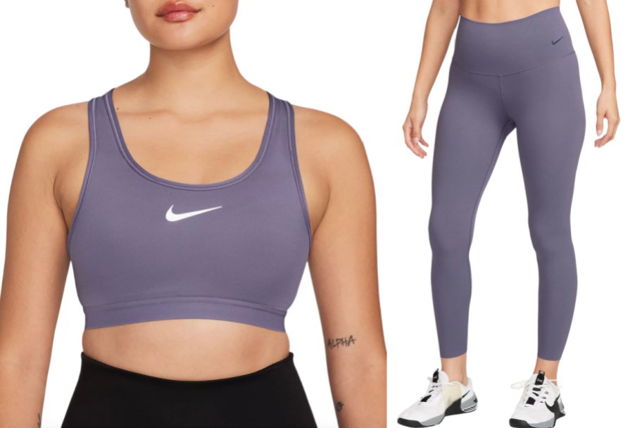 purple sports bra and leggings