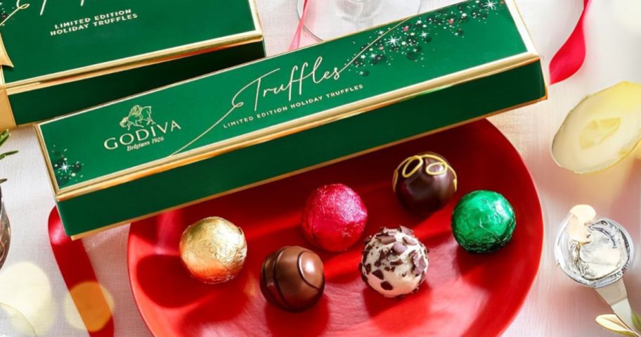 Godiva Chocolatier Holiday Assorted Gourmet Chocolate Truffle 6-Piece Gift Box on plate