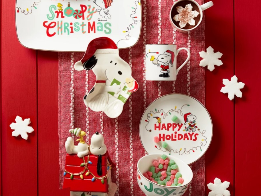 Snoopy Christmas plates, mugs, trays, and bowls 