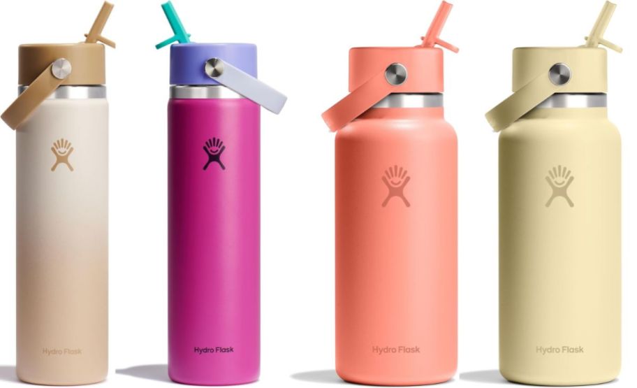 four hydroflask bottles with straw lids