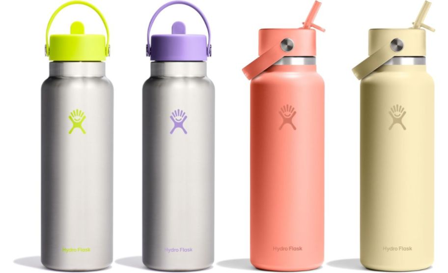 four wide mouth hydro flask bottles with straw lids