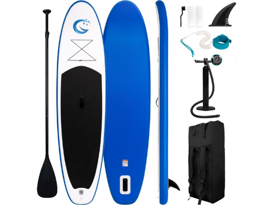 white and blue paddle board with accessories 