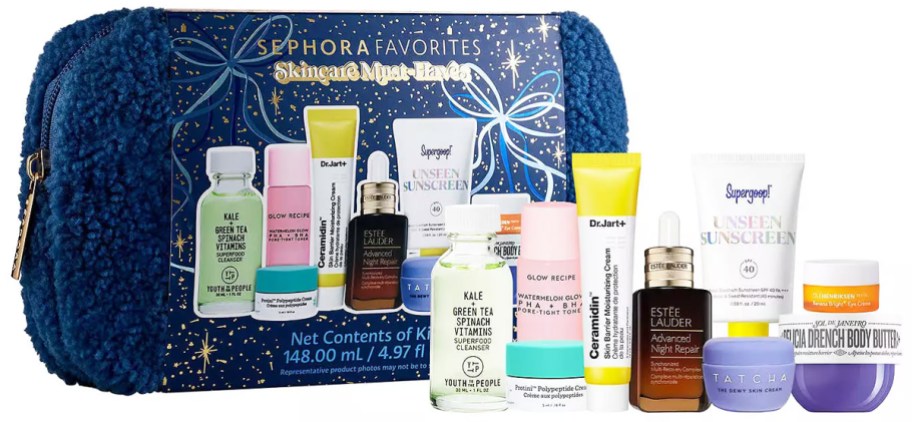 mini skincare products in front of a blue sherpa bag