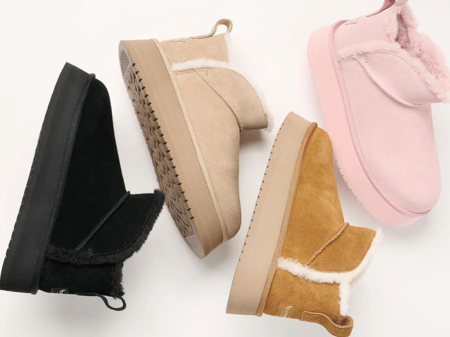 4 different color Koolaburra by UGG Suede Platform Ultra Mini Boots