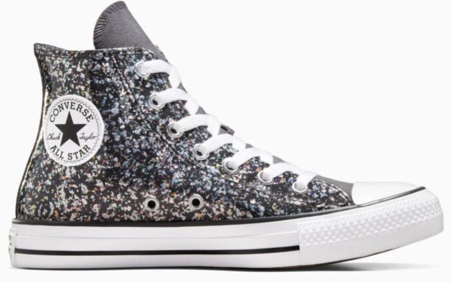 a kids Converse high top sneaker in black and silver chunky glitter