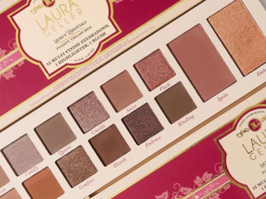 an eye shadow palette with lots of neutral and pink tones, the box it comes in around it