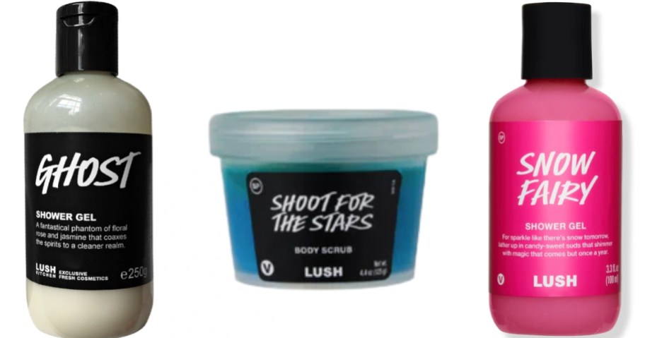 LUSH Ghost Shower Gel, Shoot for the Stars Body Scrub, and Snow Fairy Shower gel bottles