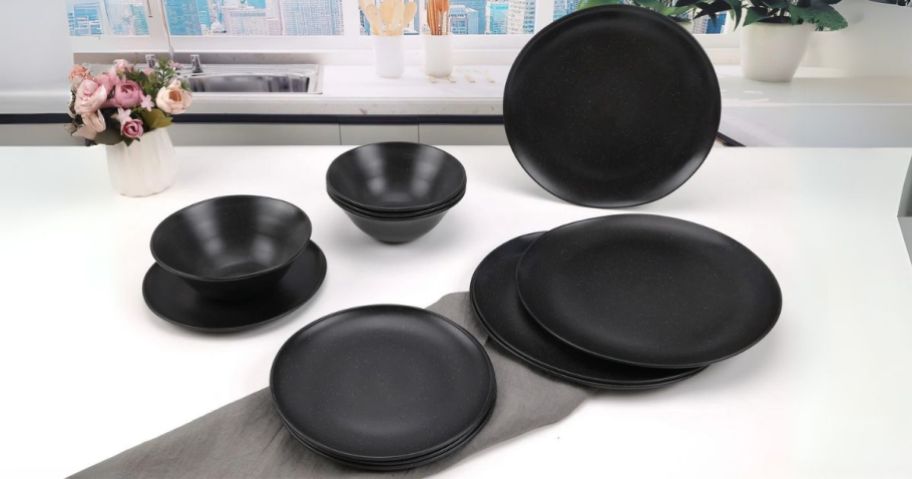 Mainstays 12-Piece Eco-Friendly Dinnerware Set on counter