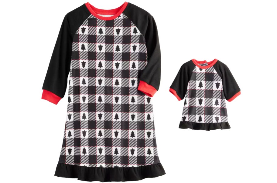 black and white plaid print matching girl and doll nightgowns