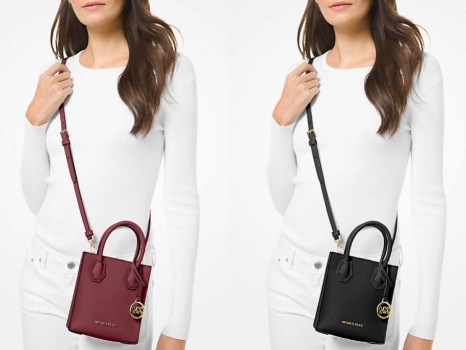 Stock images of two Michael Kors Mercer Extra-Small Pebbled Leather Crossbody Bags 