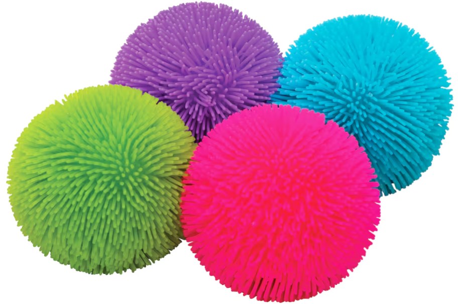 green, purple, pink, and blue shaggy squish balls