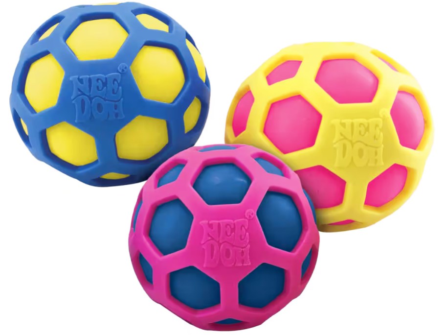 blue, pink, and yellow squish balls