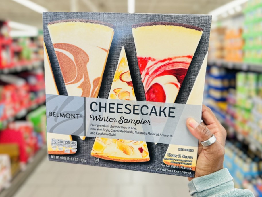 hand holding belmont cheesecake sampler box