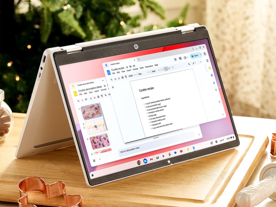 laptop in stand mod displaying a cookie recipe