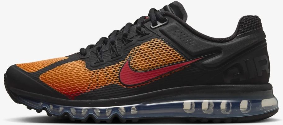 men's Nike Air Max shoes in black with orange and red accents