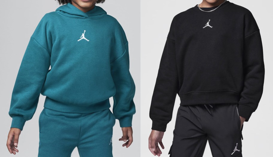 kids in teal and black nike sweatshirts