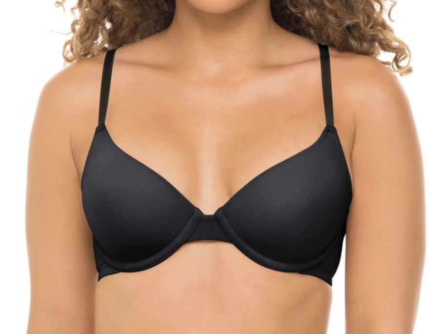 woman wearing No Boundaries Juniors Lightly Lined Underwire T-Shirt Bra