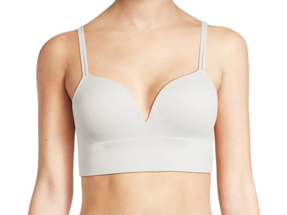 woman wearing No Boundaries Women's Light Lift Wirefree Seamless Ribbed Bra