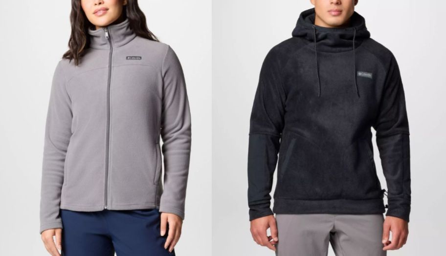 a woman wearing a gray zip up Columbia fleece jacket and a man wearing a dark grey zip up Columbia fleece jacket