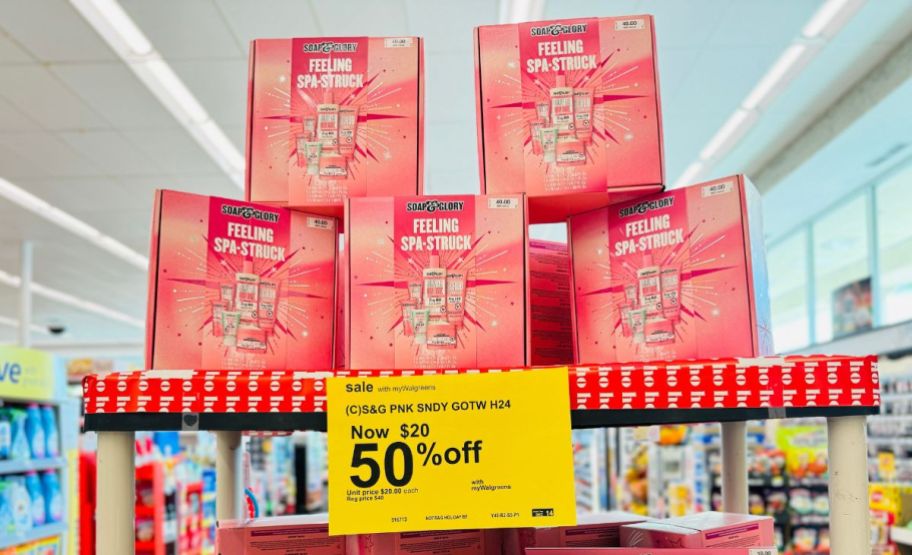 soap and glory giftsets on display in a walgreens store