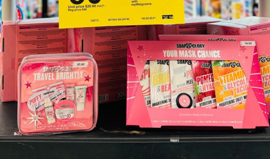 soap and glory giftsets on display in a walgreens store