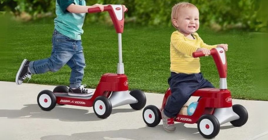 two kids riding a Radio Flyer Scoot 2 Scooter outside