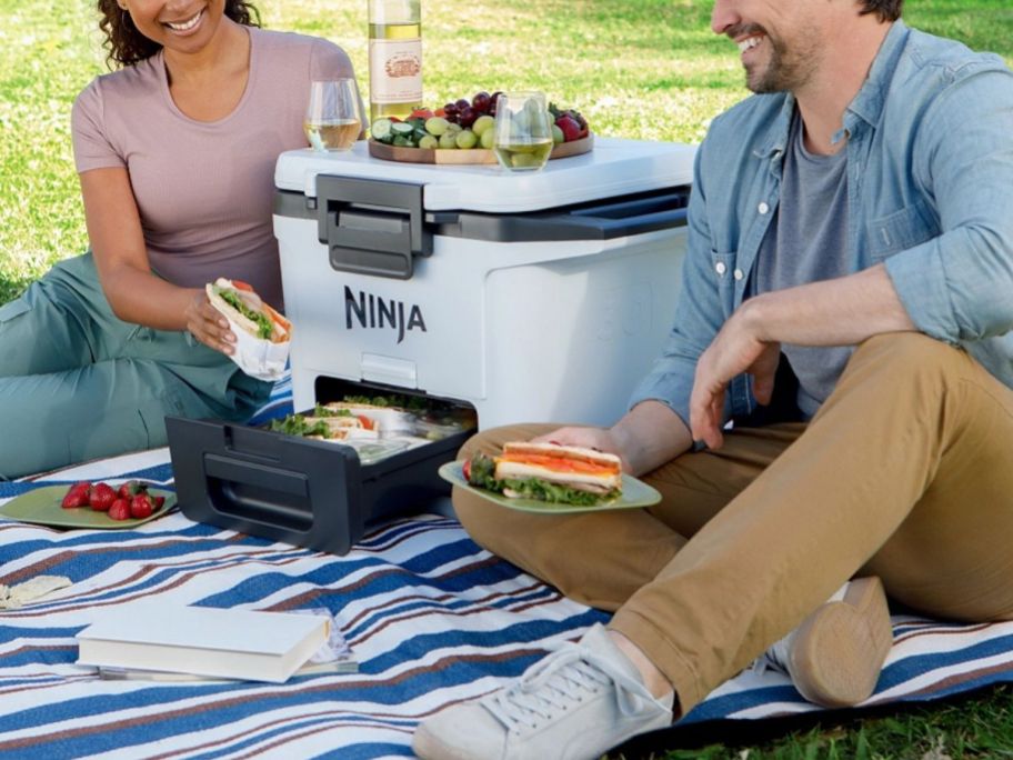 Couple having a picnic with a Ninja Frost Vault cooler in between them