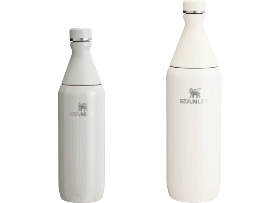 light grey and white stanley bottles