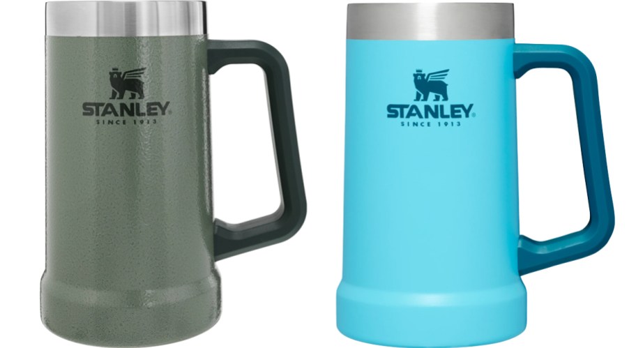 green and blue Stanley beer steins