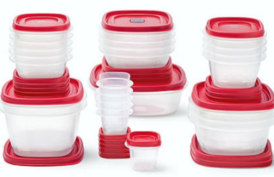 a large set of clear Rubbermaid food storage containers in various sizes with red lids