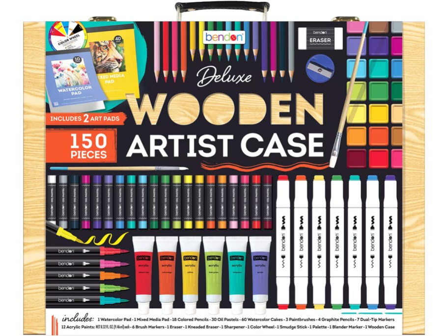 kids art kit in wooden case