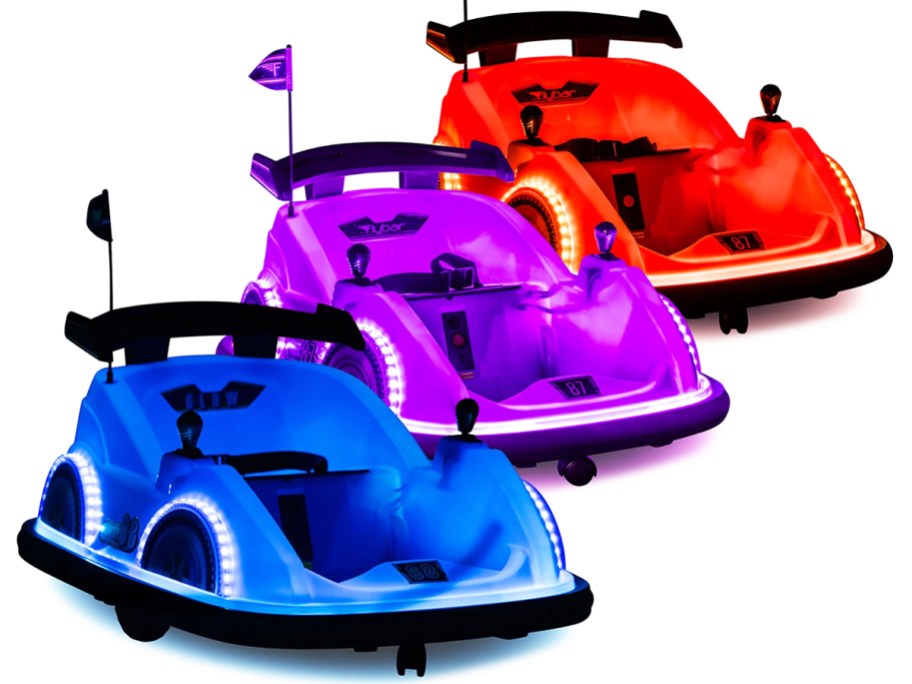 blue, pink, and red light up indoor bumper cars