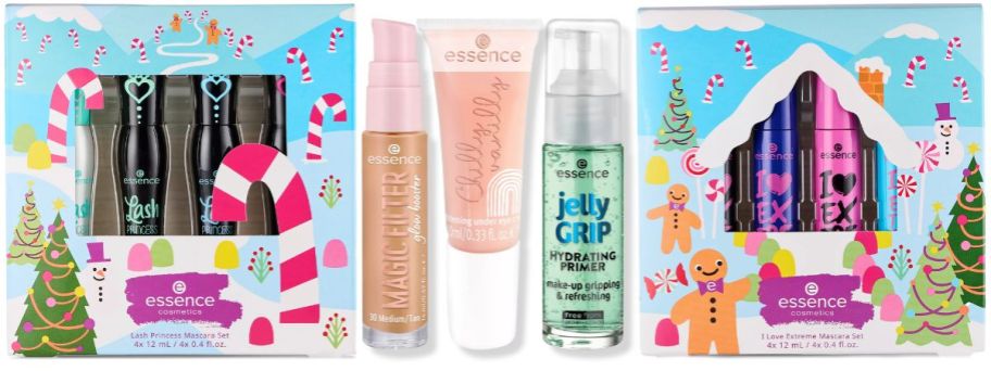 essence mascara gift sets shown with primer, glow enhancer and concealer