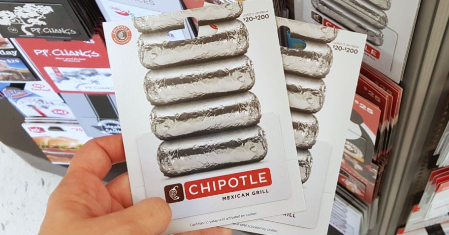 hand holding 2 Chipotle Gift Cards