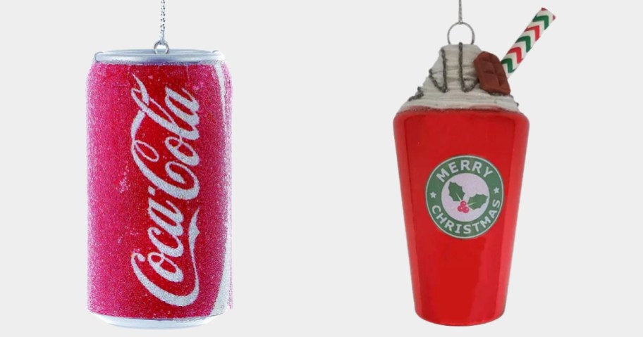 a red Coca Cola can ornament and a Starbucks Red Cup Coffee drink inspired ornament