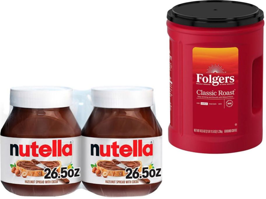 Stock images of a two-pack of Nutella and a large tub of Folger's Coffee 