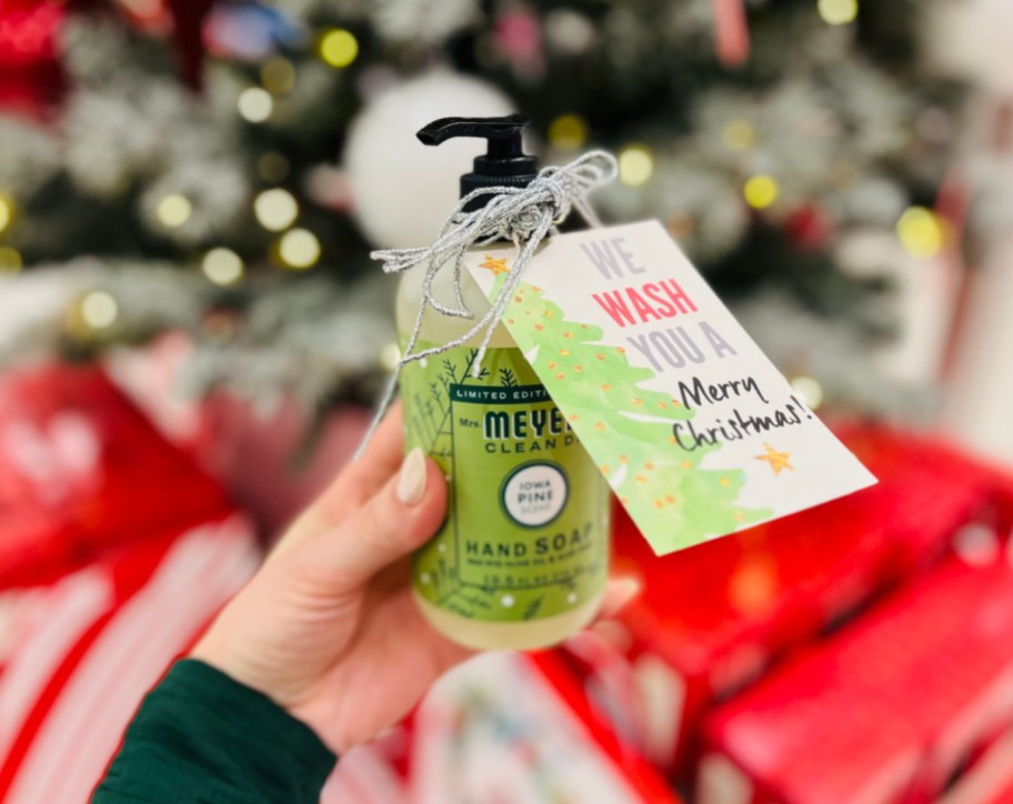 Mrs. Meyer's soap with a gift tag, one of our favorite christmas hostess gifts