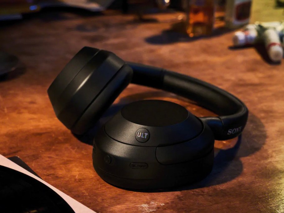 black sony headphones on table