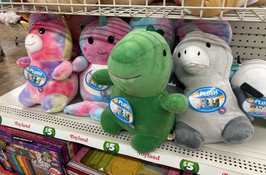 Dollar Tree plush toys for $5 including a dinosaur and fantasy creatures