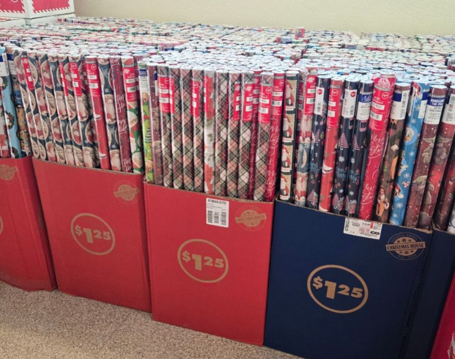 wrapping paper rolls on display in a store