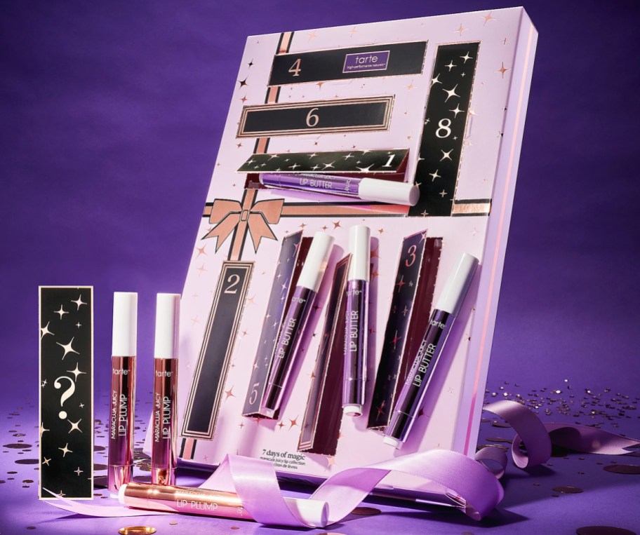 advent calendar box filled with Tarte Maracuja Juicy Lip products