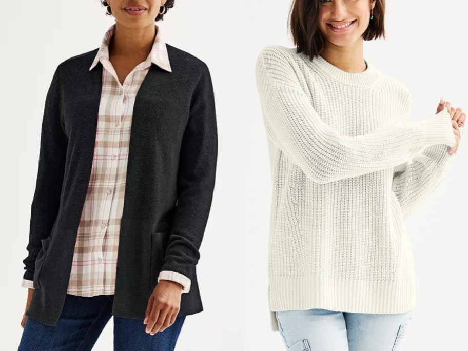 woman wearing a black open cardigan with a plaid shirt and jeans and woman wearing a white chunky knit sweater with jeans