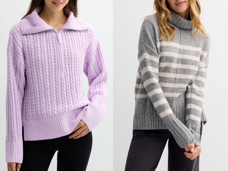 Sweater tunics in purple or gray