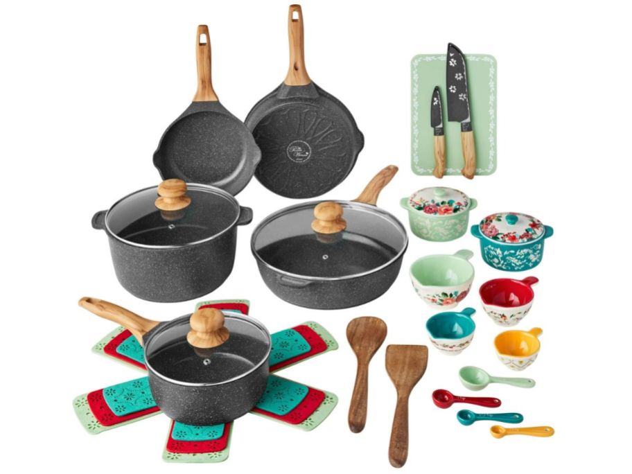 The Pioneer Woman Prairie Cast Aluminum Cookware 30-Piece Set in Charcoal Speckle