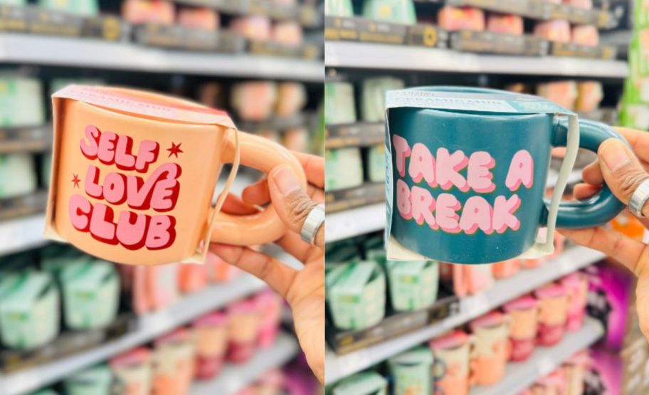 two images of a womans hand holding a mug