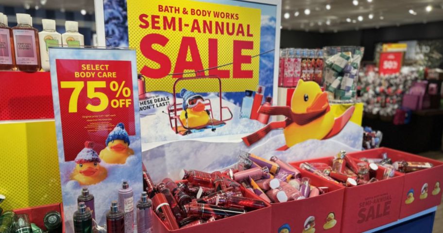 A display at bath & Body Works during the 2025 Semi-Annual Sale with signs for up to 75% off