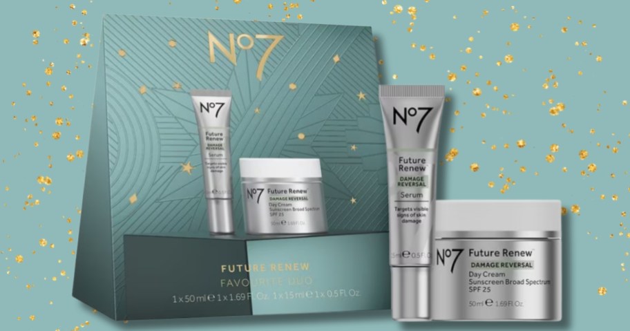 a No7 Skincare set with a serum in a tube and a cream in a container, next to a box they come in on a green and gold background