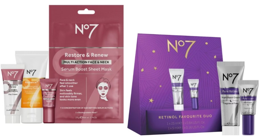 two No7 brand skincare mini sets with various skincare items 