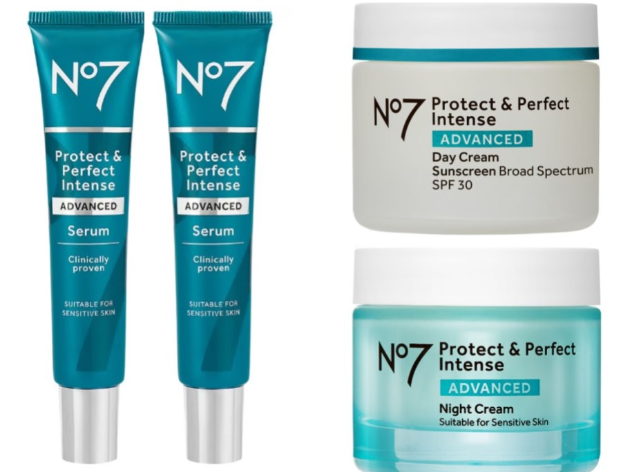 2 teal green tubes of No7 skincare serum and a jar of No7 Day Cream and a jar of No7 Night cream