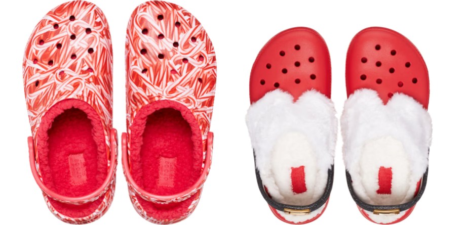 two pairs of red christmas crocs